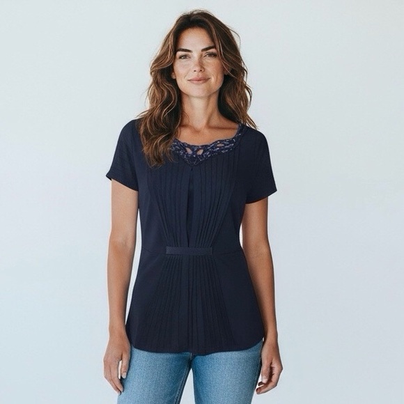 BCBGMaxAzria Navy Blue Beaded Blouse Multi-color Stretchy Short Sleeved Top - Picture 2 of 8